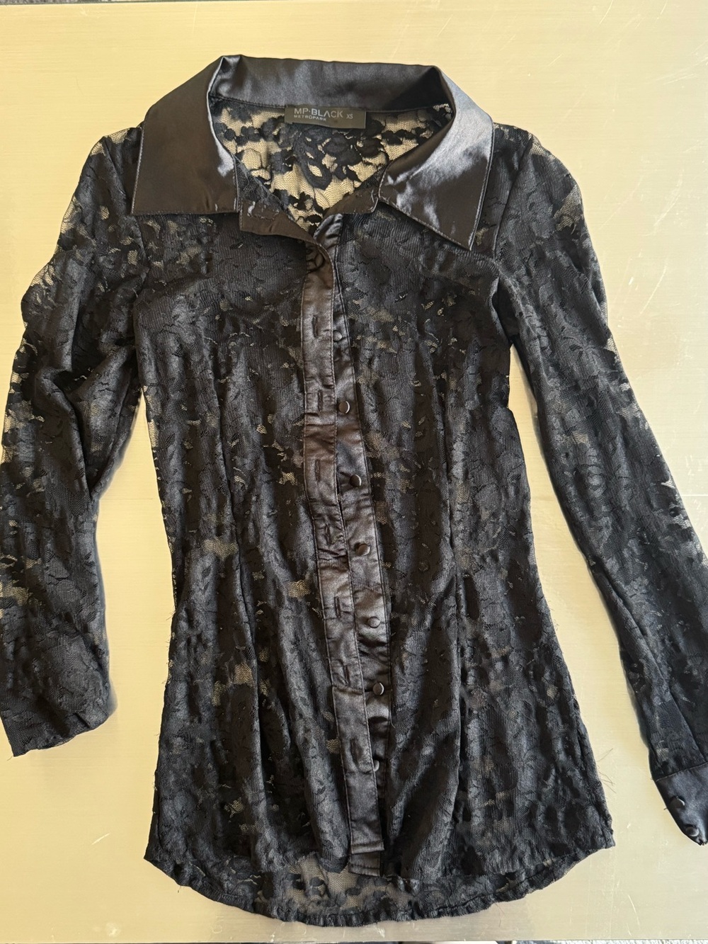 Black Black Lace Button-Down Shirt with Satin Collar